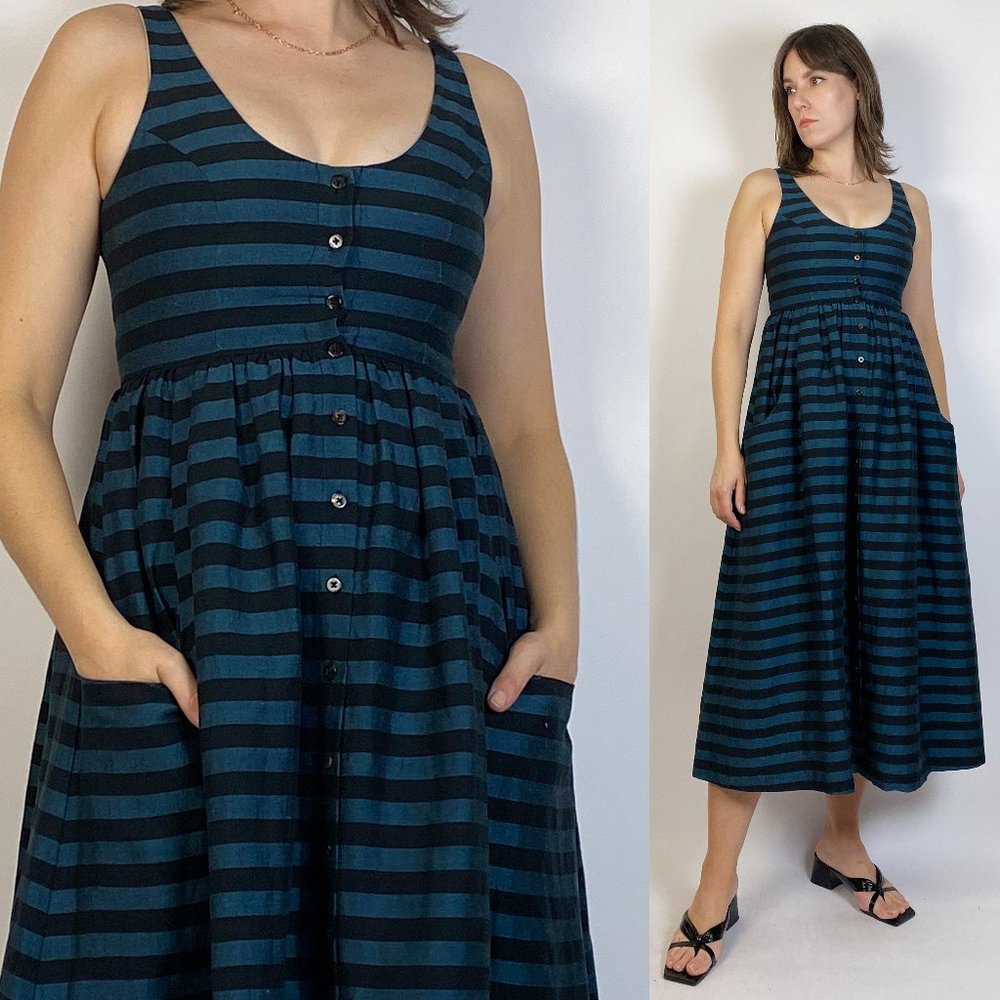 MARA HOFFMAN Designer Blue & Black Striped Scoop Neck Full Skirt Midi Dress! S
